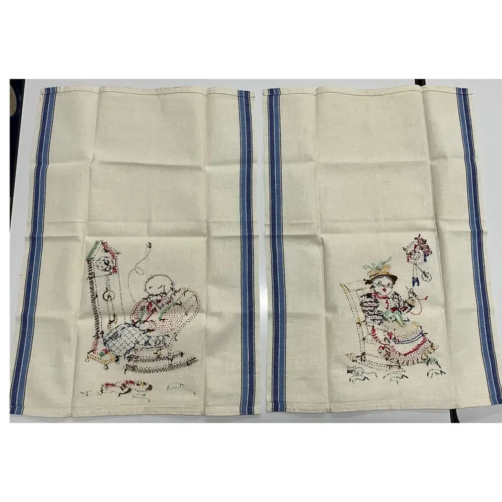 Vintage 2 Handmade Embroidery Kitchen Dish Towels Grandma Grandpa Rock'n NEW - Picture 5 of 7